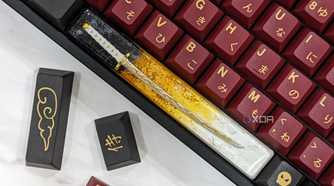 An image of a mechanical keyboard with GMK Red Samurai keycaps kept on a white marble.