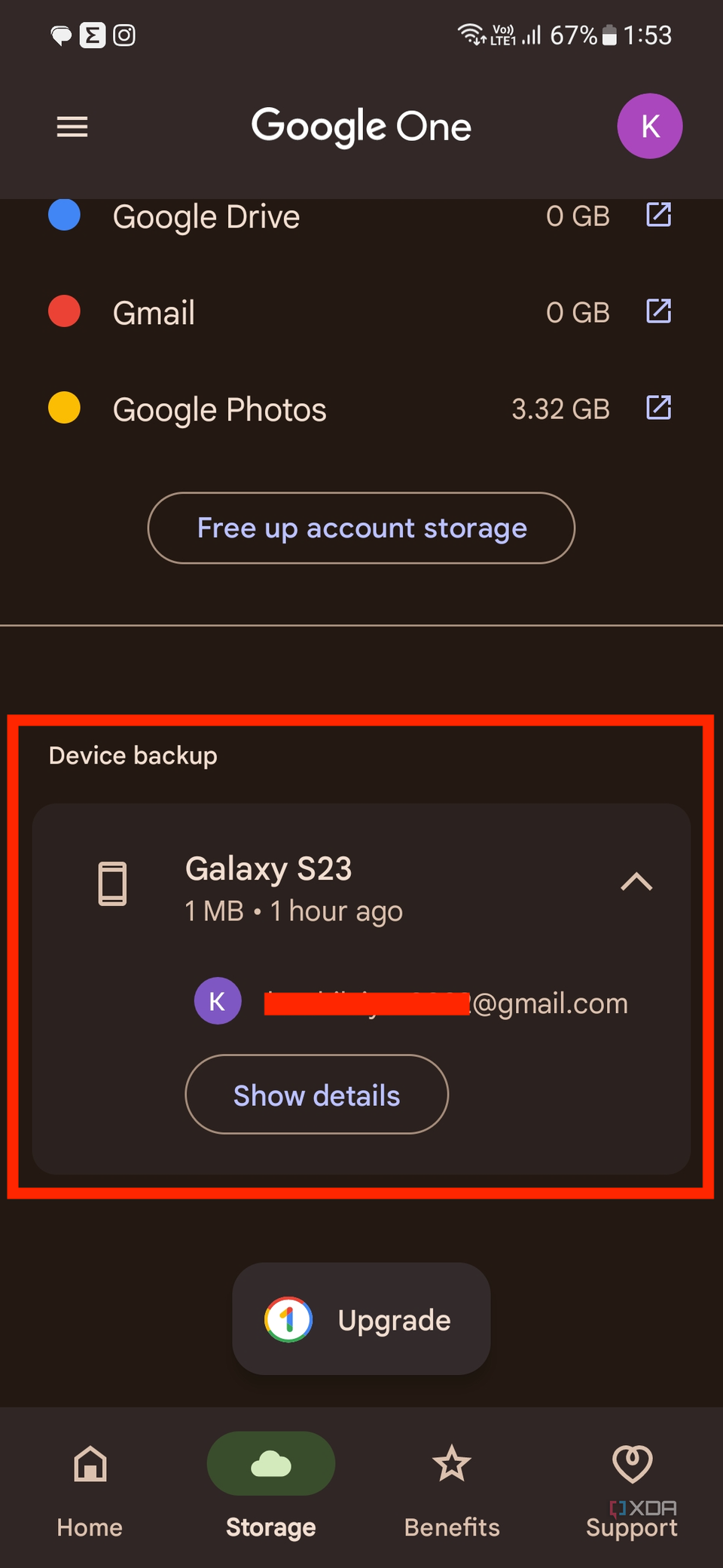 A screenshot showing the highlighted Backup preview card in Google One.