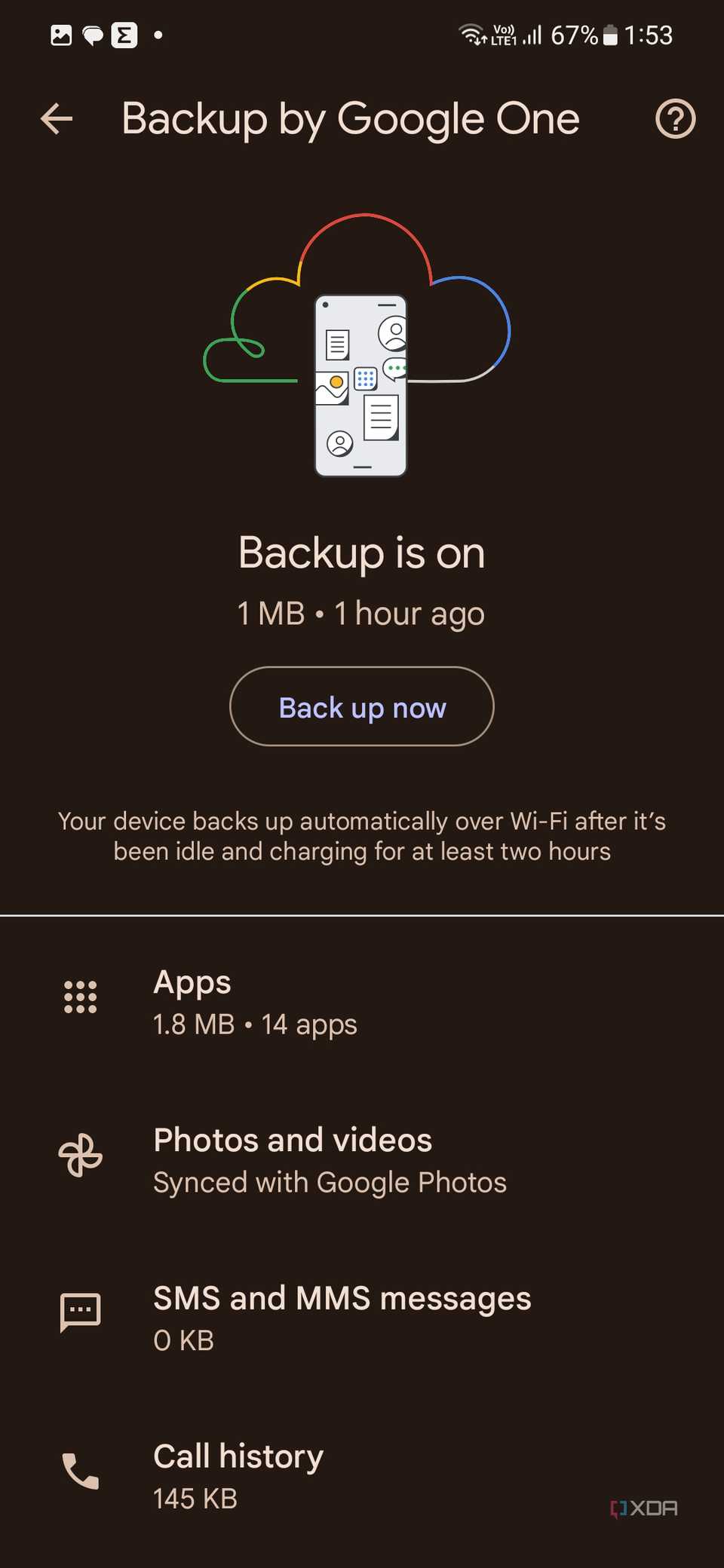 A screenshot showing all the backup details in Google One.