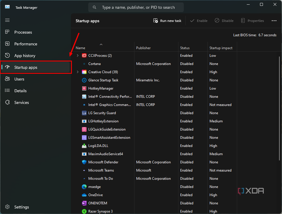 Screenshot of Windows 11 Task Manager with the Startup apps button highlighted