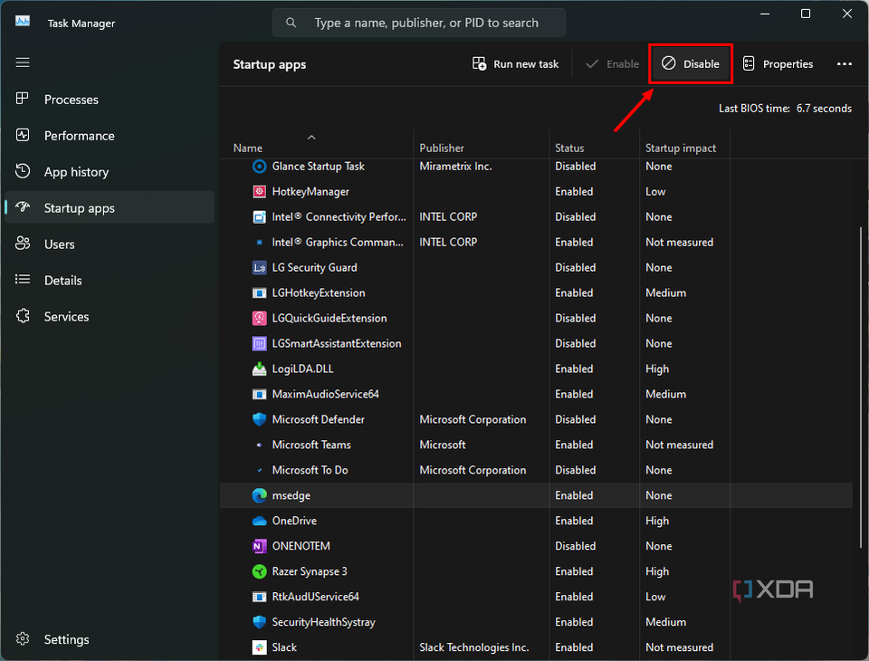 Screenshot of the Startup apps page in the Windows 11 Task Manager with Microsoft Edge selected and the Disable button highlighted