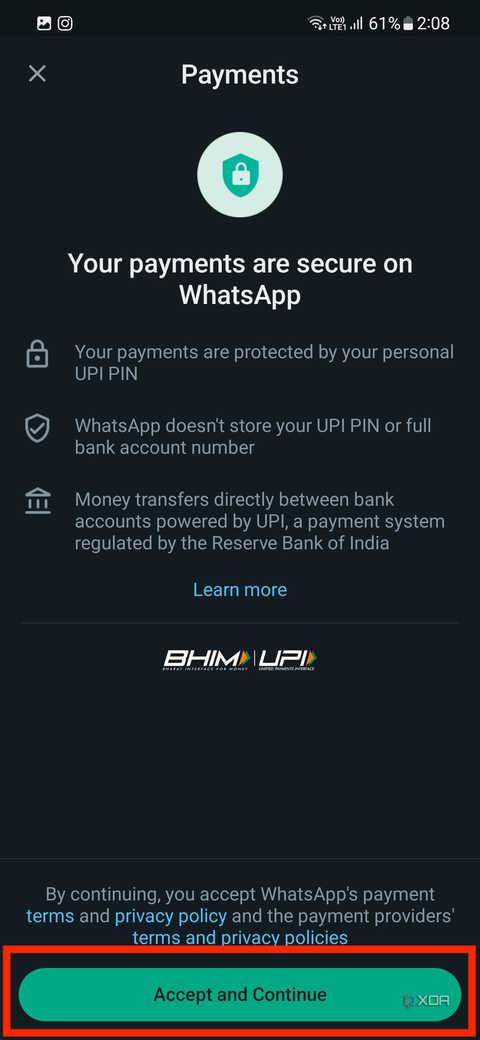 A screenshot showing the highlighted option to enabled Payments in WhatsApp