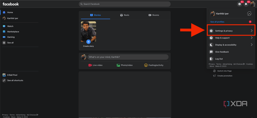 A screenshot highlighting the account settings popup in Facebook homepage.