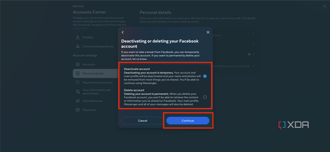 A screenshot showing the final confirmation to delete or deactivate account in facebook.