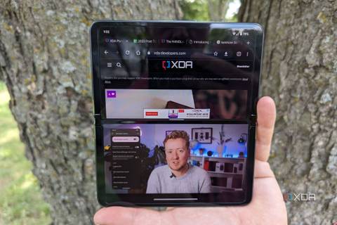 Google Pixel Fold open showing two apps above and below