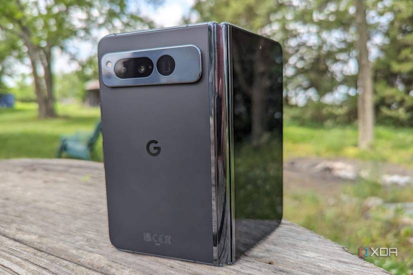 Google Pixel Fold partially open standing up on a table