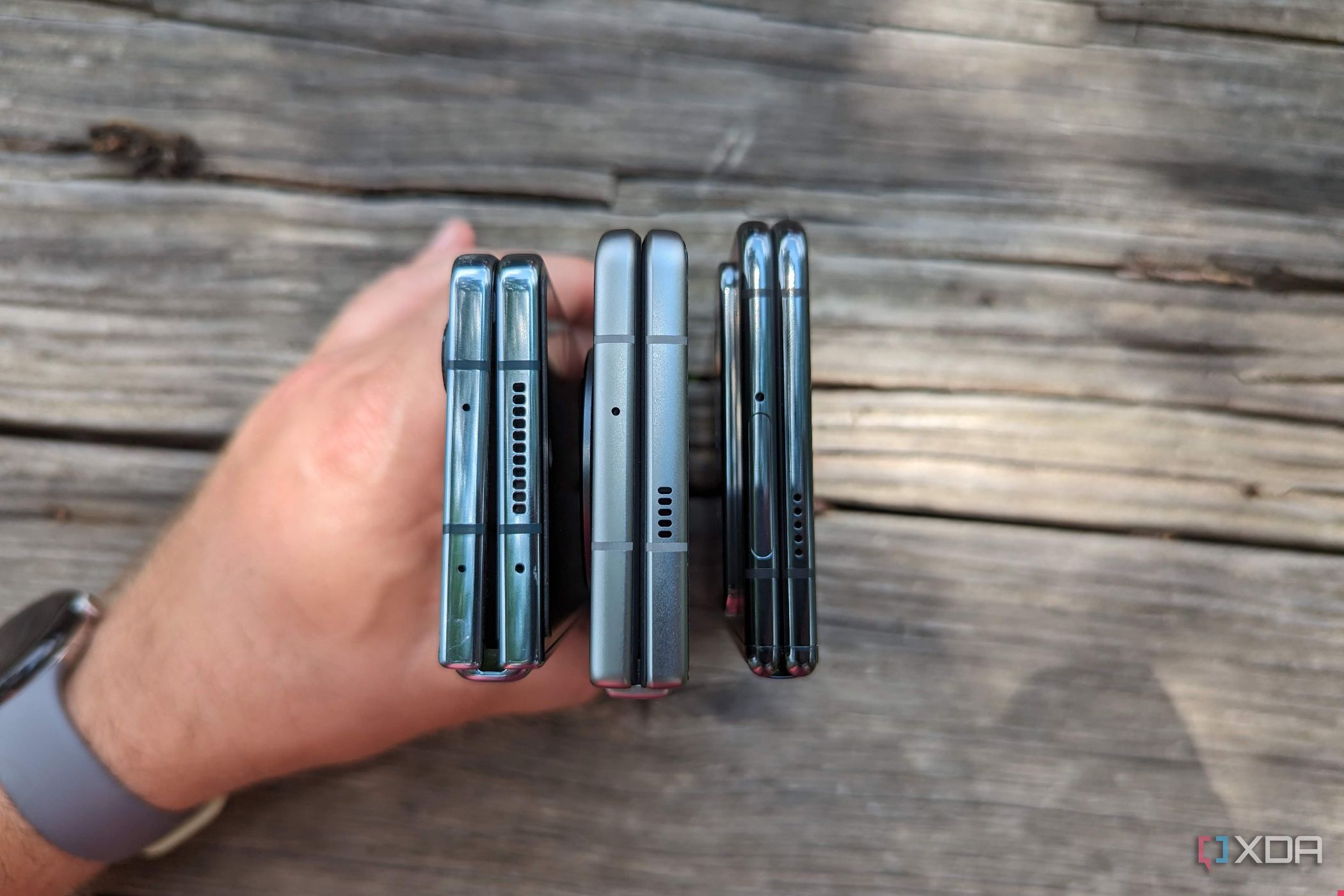 Samsung Galaxy Z Fold 4 (left), Tecno Phantom V Fold (middle), and Google Pixel Fold (right) view from the top