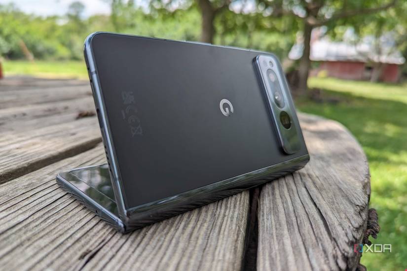 Google Pixel Fold partially folded with the rear cameras visible