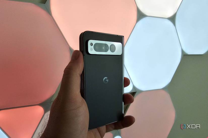 The back of the Google Pixel Fold in front of Nanoleaf Shapes