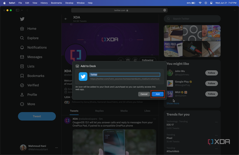 naming and adding a web app to the dock