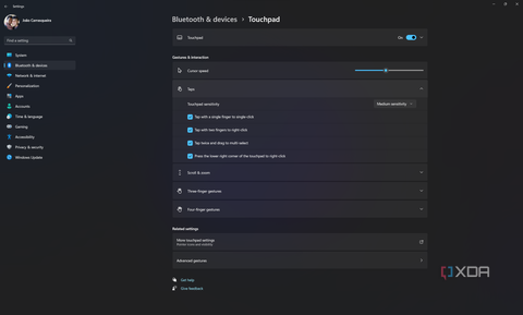 Screenshot of WIndows 11 touchpad settings with the Taps section expanded