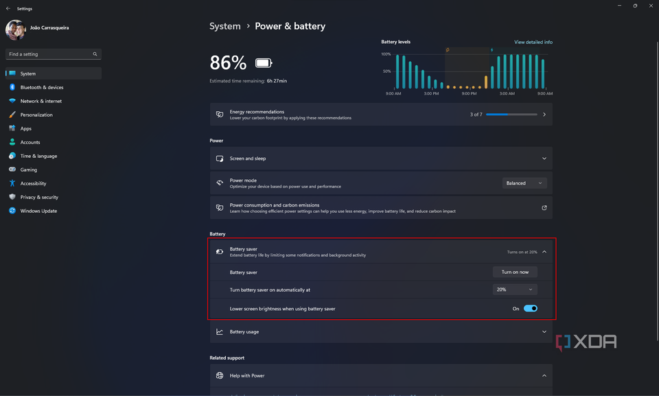 Screenshot of the power and battery settings in Windows 11 Settings app with the battery saver section highlighted