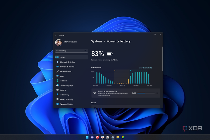 Screenshot of a Windows 11 desktop with the Settings app open to the power and battery page