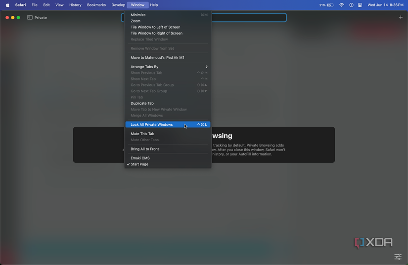 Lock All Private Windows button in Window section in menubar of Safari on macOS