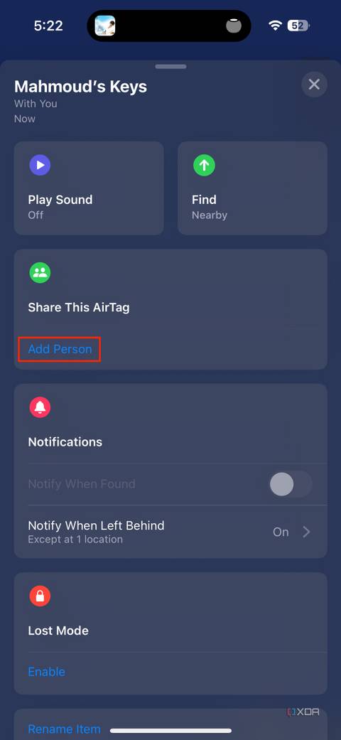 add person button for sharing an AirTag