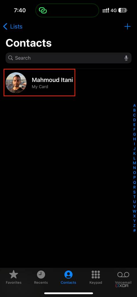 your contact card at the top of the contacts tab in phone app