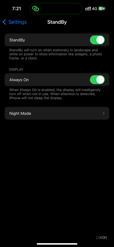 standby settings on iOS