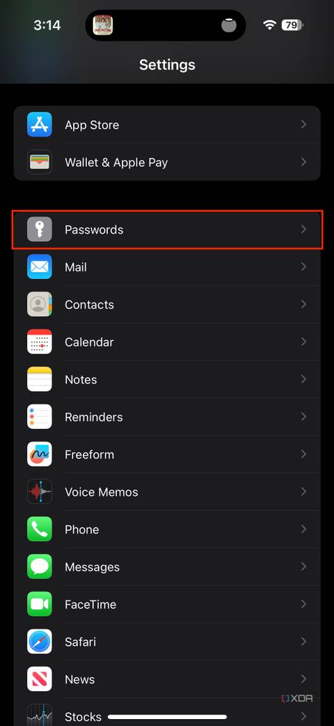 passwords section in iOS settings