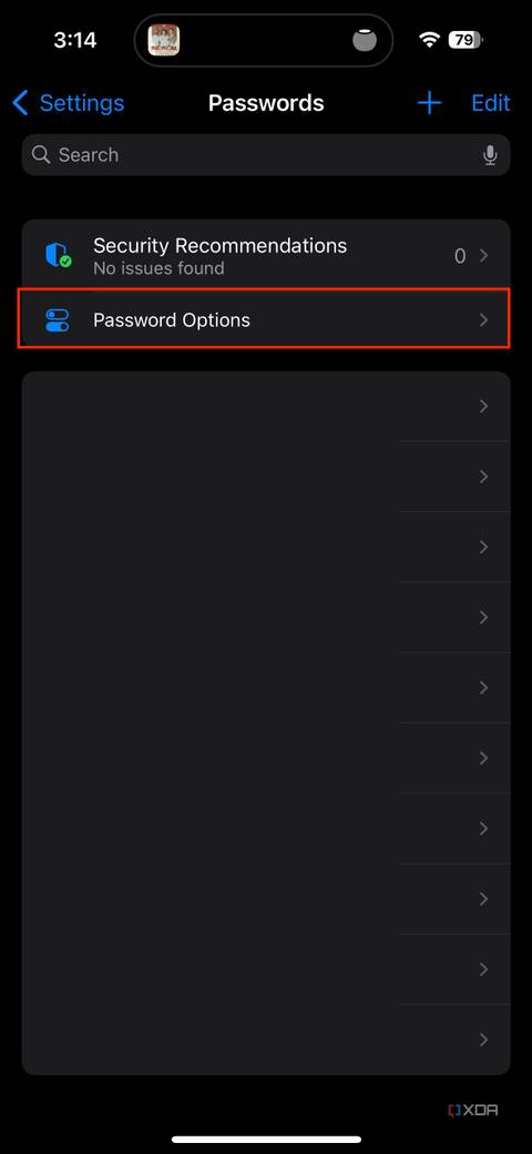 Password options section in iOS settings