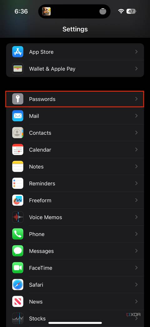 passwords section in settings on iOS