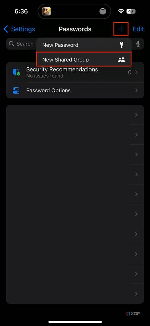 new shared group button in passwords section