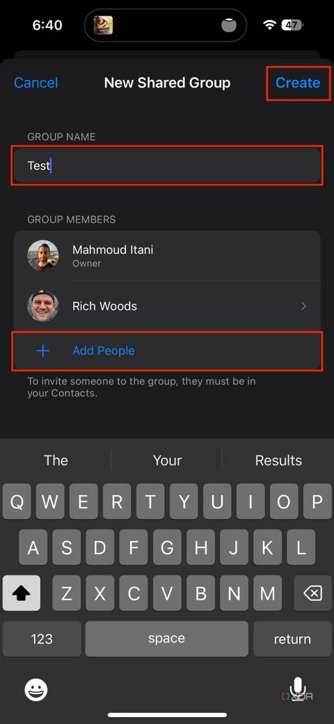 New Shared Group page with name, people, and create button highlighted