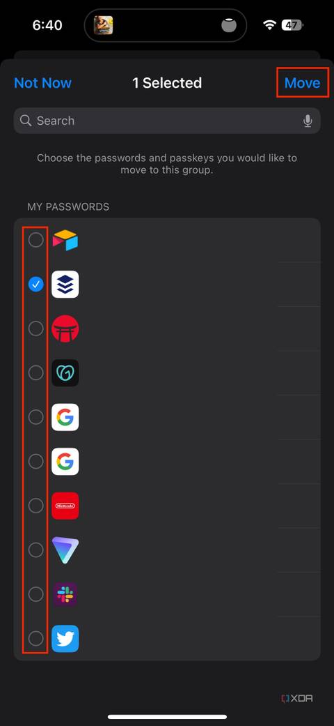 picking which passwords to move to a group