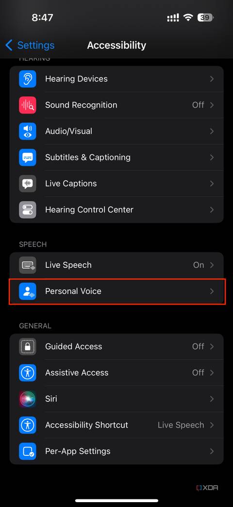 personal voice section in accessibility settings on iOS