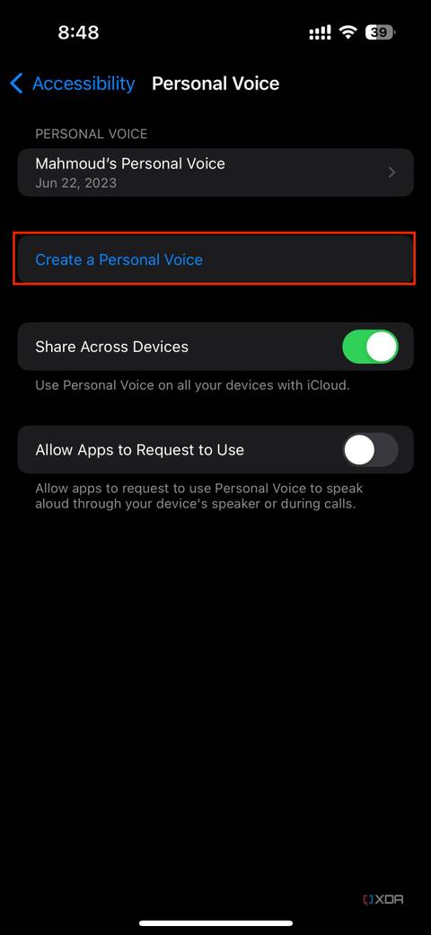 option to create a personal voice on iOS