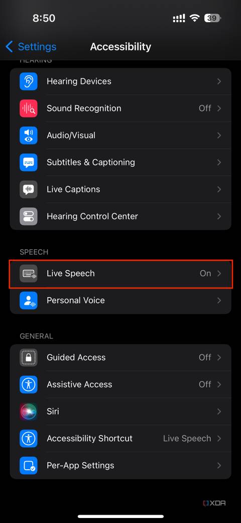 live speech section in accessibility settings on iOS