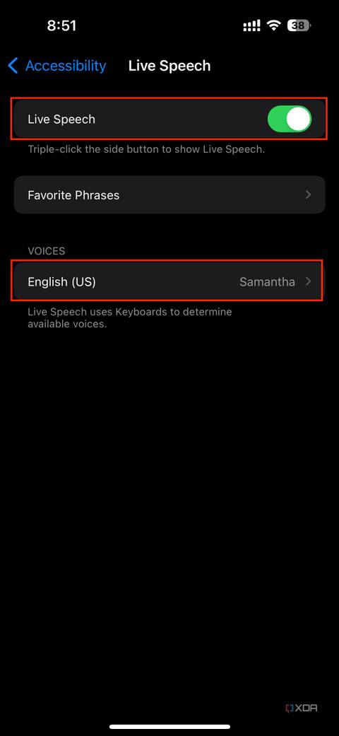Live speech settings on iOS