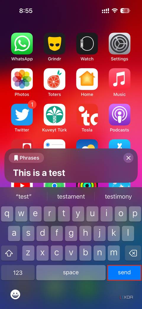 using the personal voice feature by typing "this is a test" and hitting send on the keyboard