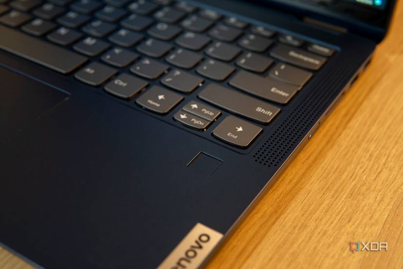 Close-up view of the speaker grill and fingerprint reader in the Lenovo IdeaPad Flex 5i