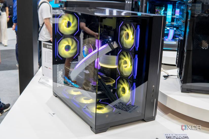Angled view of a PC built inside the Lian Li O11 Vision case