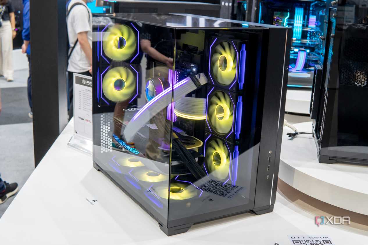 Angled view of a PC built inside the Lian Li O11 Vision case