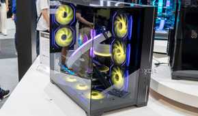 Angled view of a PC built inside the Lian Li O11 Vision case