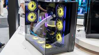 Angled view of a PC built inside the Lian Li O11 Vision case