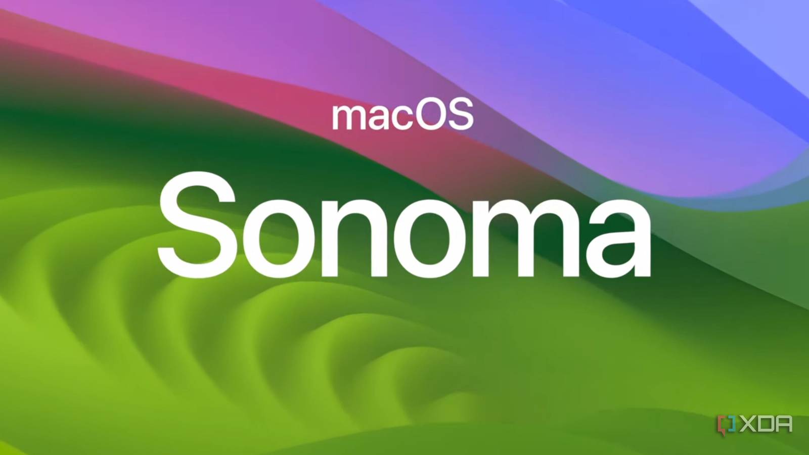 Text reading macOS Sonoma over a colorful background