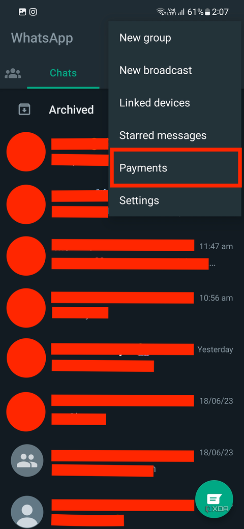 A screenshot highlighting the payments option in WhatsApp with hidden chats in the background.