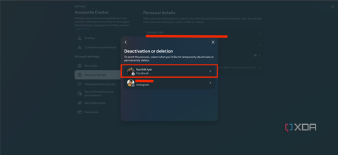 A screenshot showing the option to select account to delete or deactivate in facebook