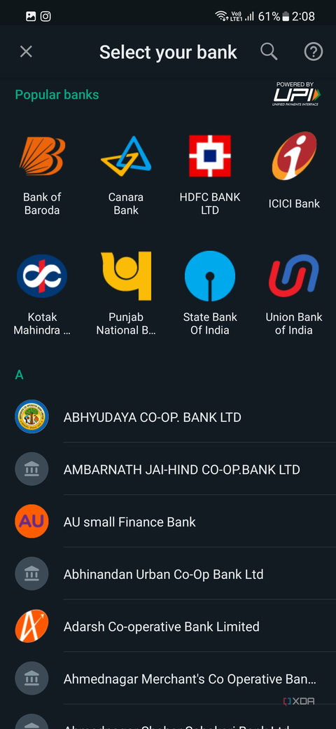 A screenshot showing the option to select bank for WhatsApp payments.