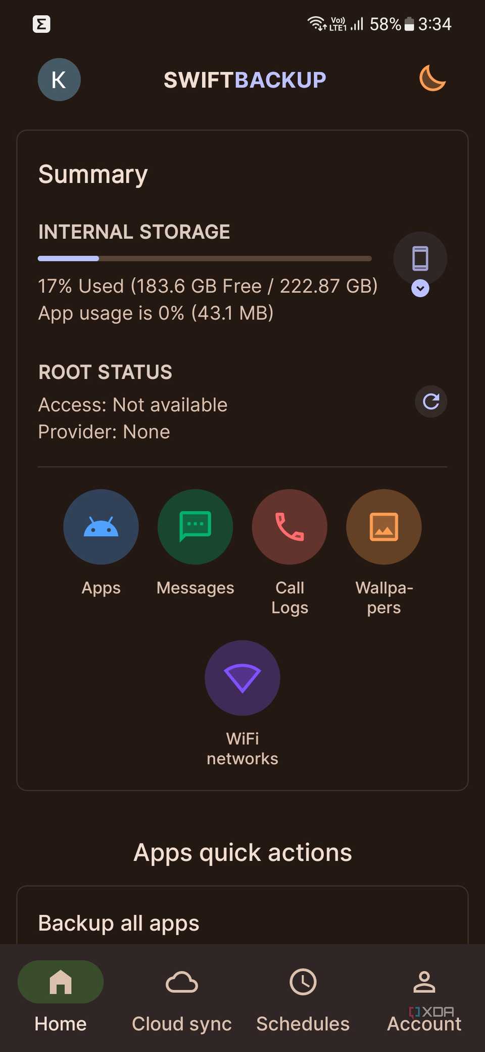 A screenshot showing the home page of the Swift backup app on Android.