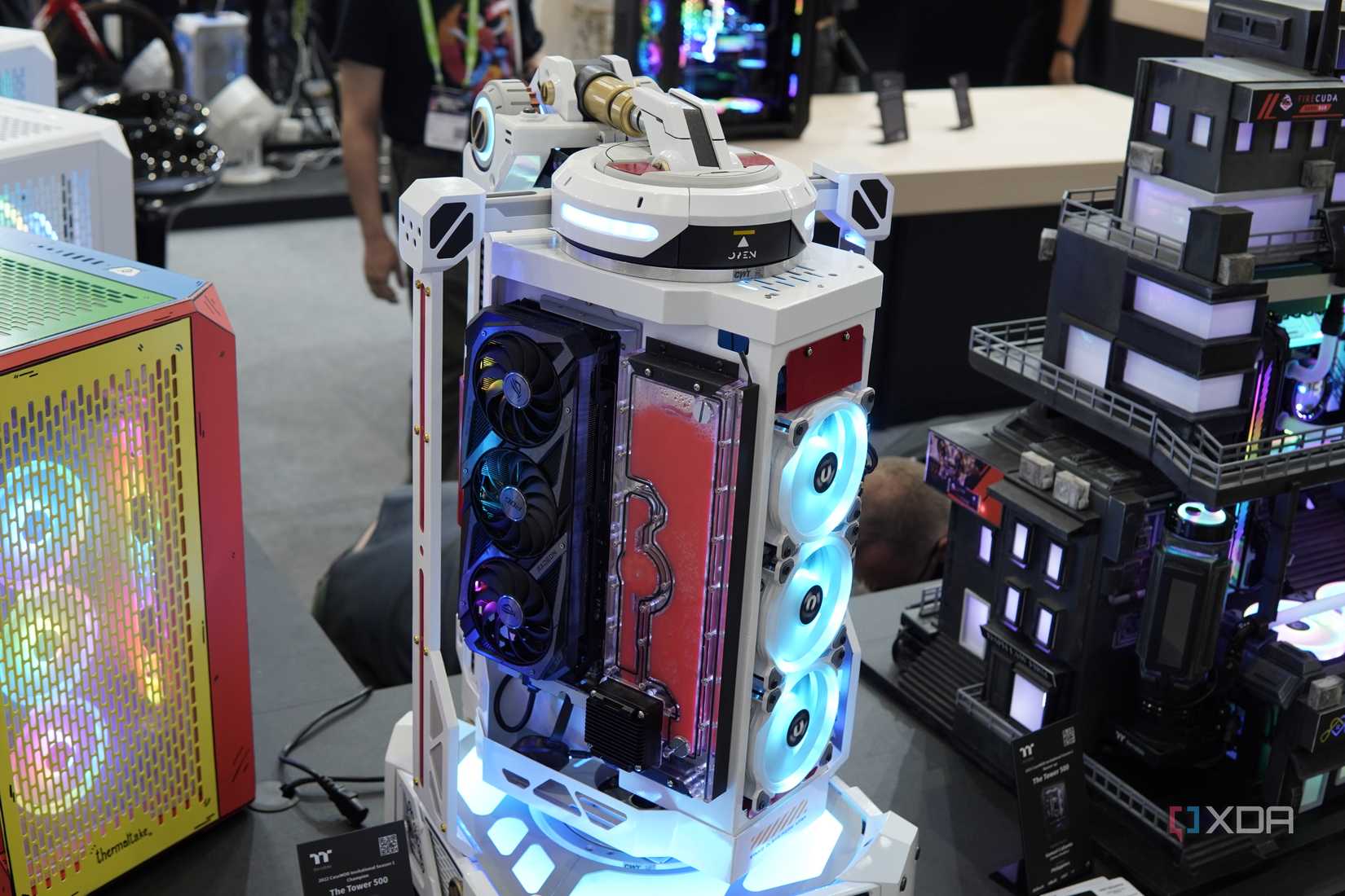 A custom PC based on Thermaltake's The Tower 500 case, modified with a rotating design and with the internal components exposed