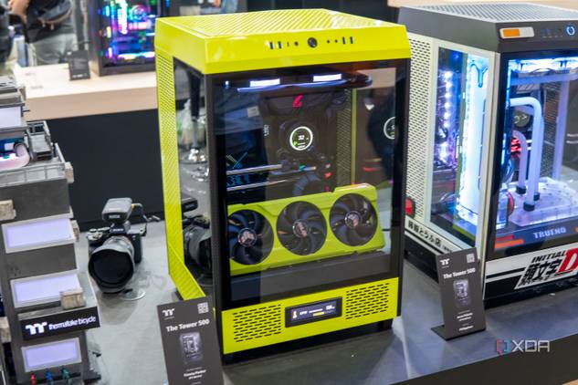 A custom PC based on Thermaltake's The Tower 500 case modified with a lime green chassis. The installed GPU is also colored lime green