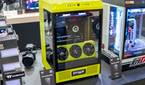 A custom PC based on Thermaltake's The Tower 500 case modified with a lime green chassis. The installed GPU is also colored lime green