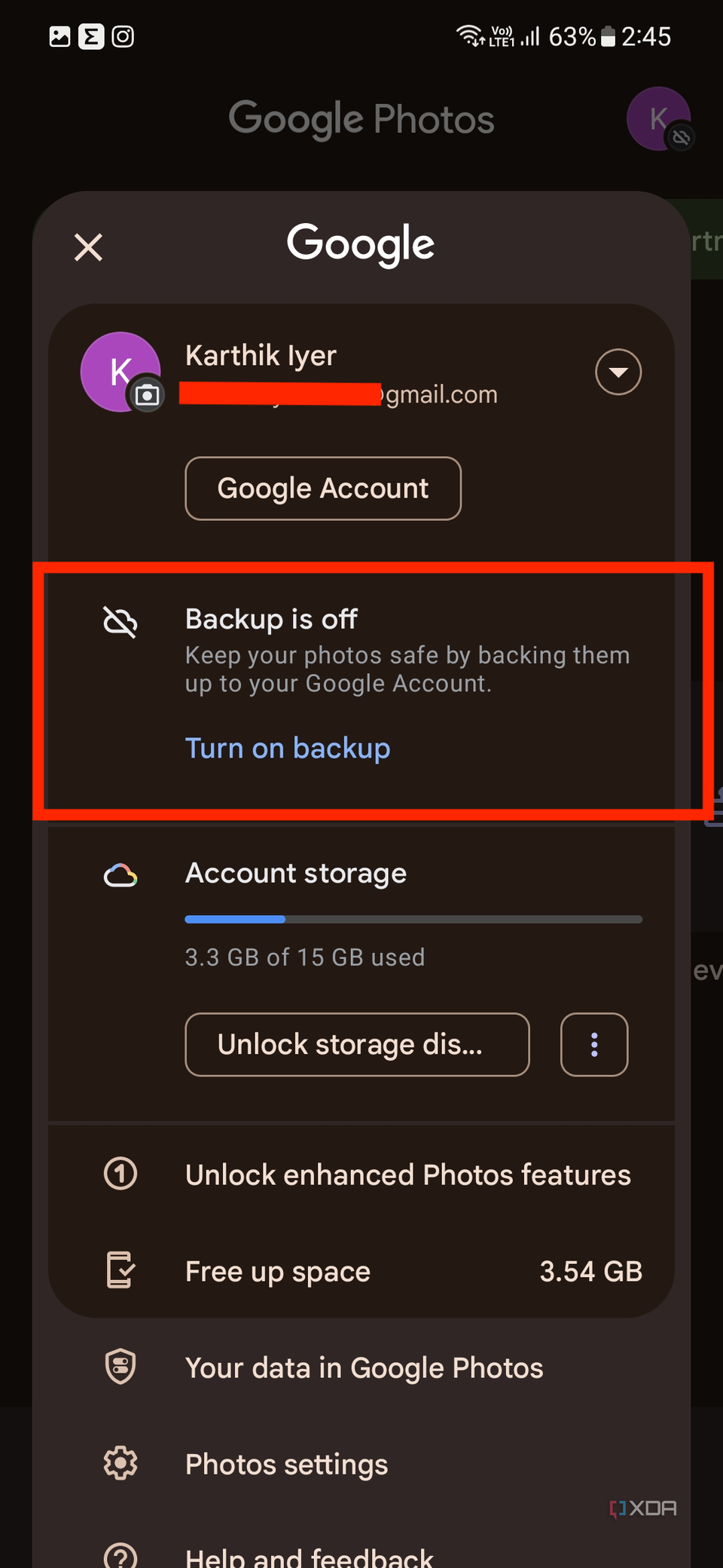A screenshot the highlighted option to enable backup in Google Photos.