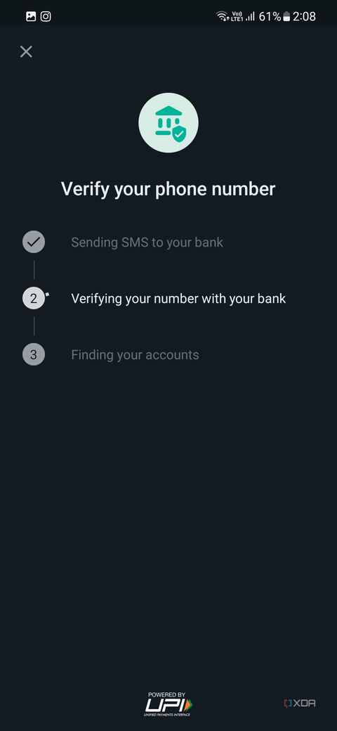 A screenshot showing verification of number with the bank for payments in WhatsApp.
