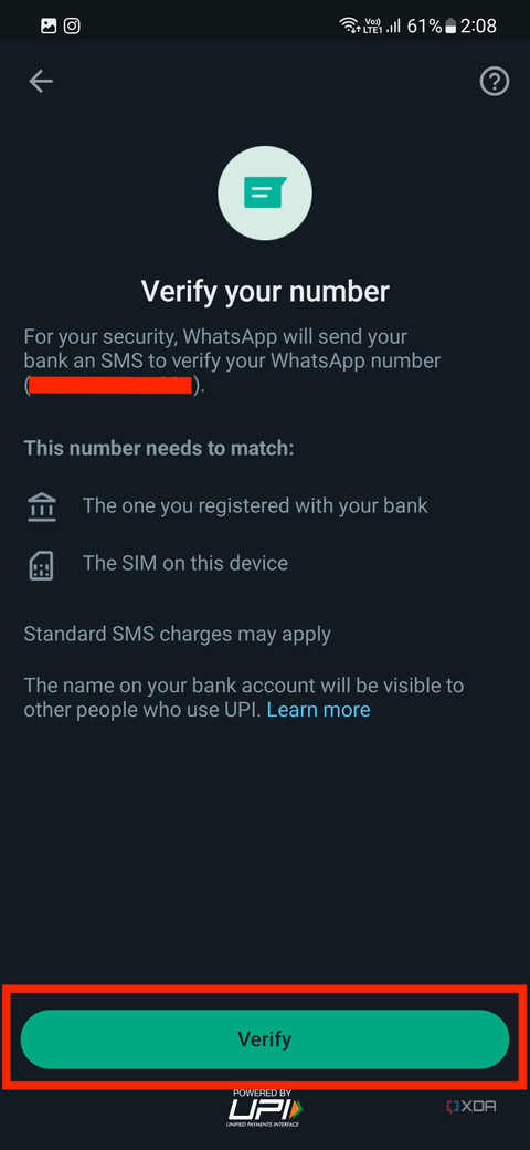 A screenshot showing the page to begin vertification for payments in WhatsApp.