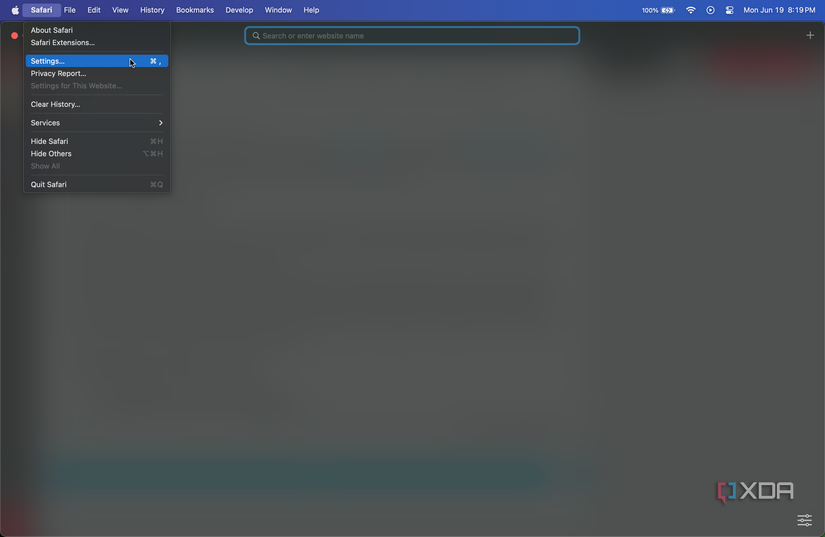 Safari Settings in menubar