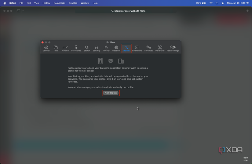 New Profile button in the Profiles section of Safari settings